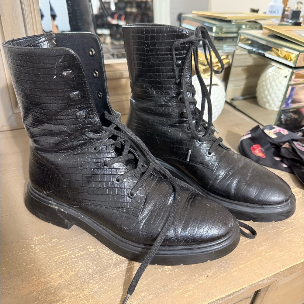 Stuart Weitzman Black Mid-Calf Leather Boots with Full Lacing